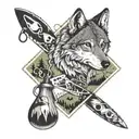 A Nordic wolf symbolizing family loyalty, surrounded by hiking gear and sheriff's tools tattoo design idea