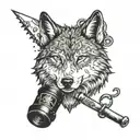 A Nordic wolf symbolizing family loyalty, surrounded by hiking gear and sheriff's tools tattoo design idea