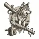 A Nordic wolf symbolizing family loyalty, surrounded by hiking gear and sheriff's tools tattoo design idea