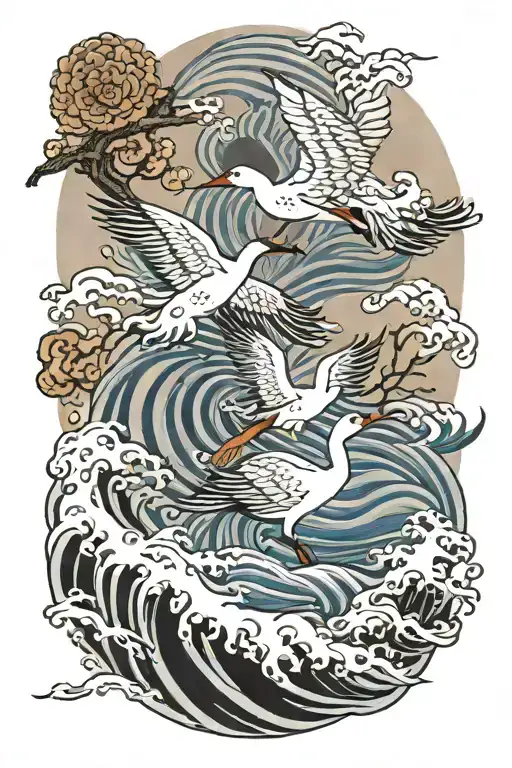 Waves and crane bird tattoo design idea