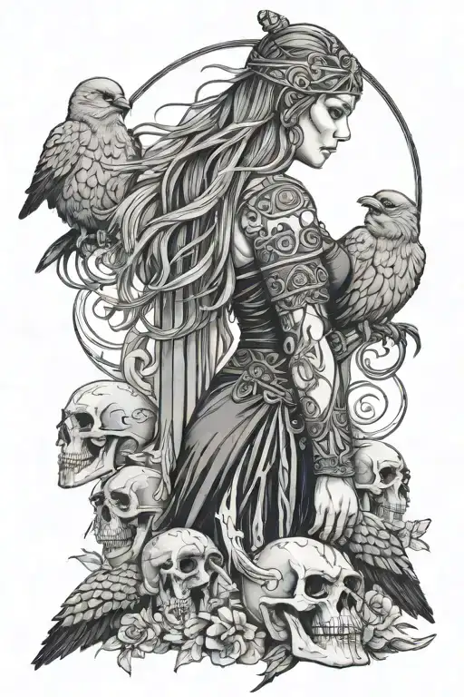 viking woman standing , skulls, mourning dove tattoo design idea