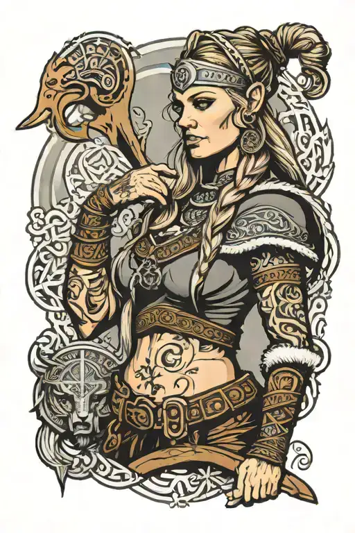 viking woman posing tattoo design idea