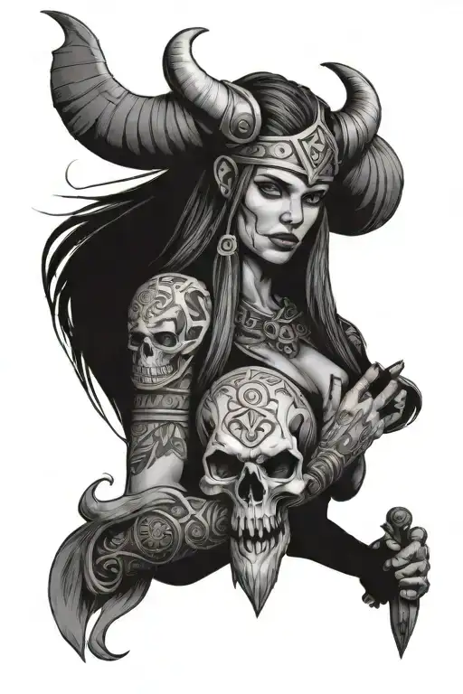 viking woman holding skull tattoo design idea