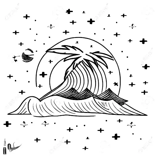 A serene beach sunset with palm trees and shooting stars tattoo design idea