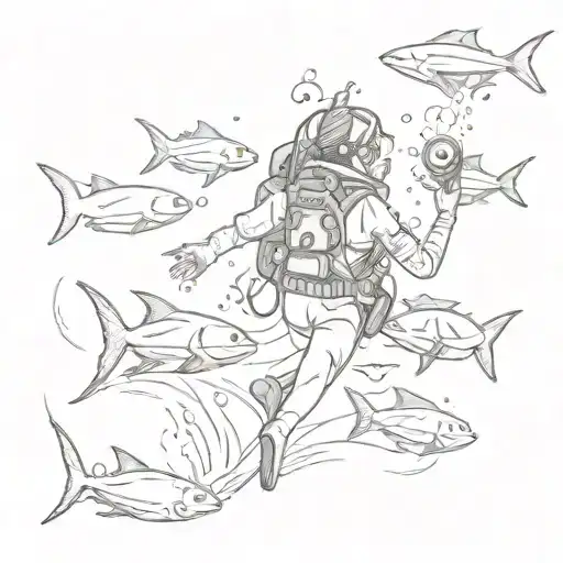 A sketch of a nurse scuba diving with sting rays in an underwater paradise tattoo design idea