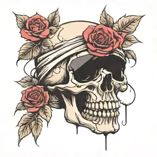 Skull with blindfold covering eyes with roses underneath tattoo design idea