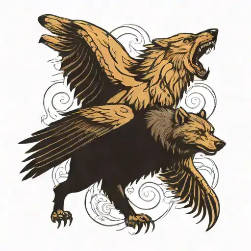 wolf and bear in raven wings tattoo design idea