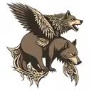 wolf and bear in raven wings tattoo design idea
