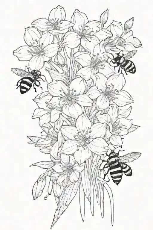 bunch of violets, irisis, daffodils, sakura, Daisies, tulips, marigolds, cosmos and two bumblebees  tattoo design idea