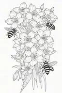 bunch of violets, irisis, daffodils, sakura, Daisies, tulips, marigolds, cosmos and two bumblebees  tattoo design idea