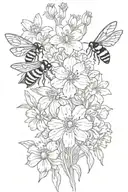 bunch of violets, irisis, daffodils, sakura, Daisies, tulips, marigolds, cosmos and two bumblebees  tattoo design idea