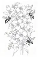 bunch of violets, irisis, daffodils, sakura, Daisies, tulips, marigolds, cosmos and two bumblebees  tattoo design idea
