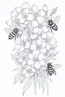 bunch of violets, irisis, daffodils, sakura, Daisies, tulips, marigolds, cosmos and two bumblebees  tattoo design idea