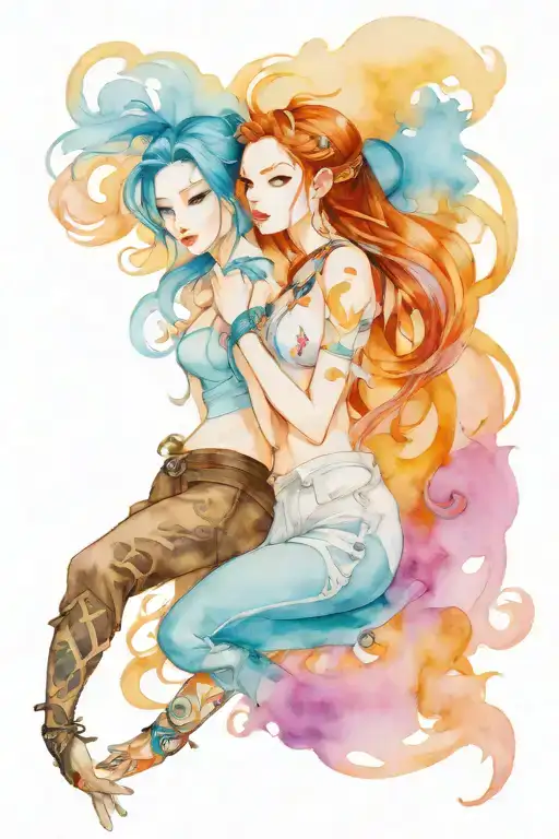 jinx and vu back to back shadow in front of Blue smoke background watercolor who fade aways, and seal of reconciliation  tattoo design idea