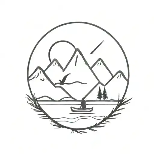 mountain, pine tree, kayak sunrise tattoo design idea