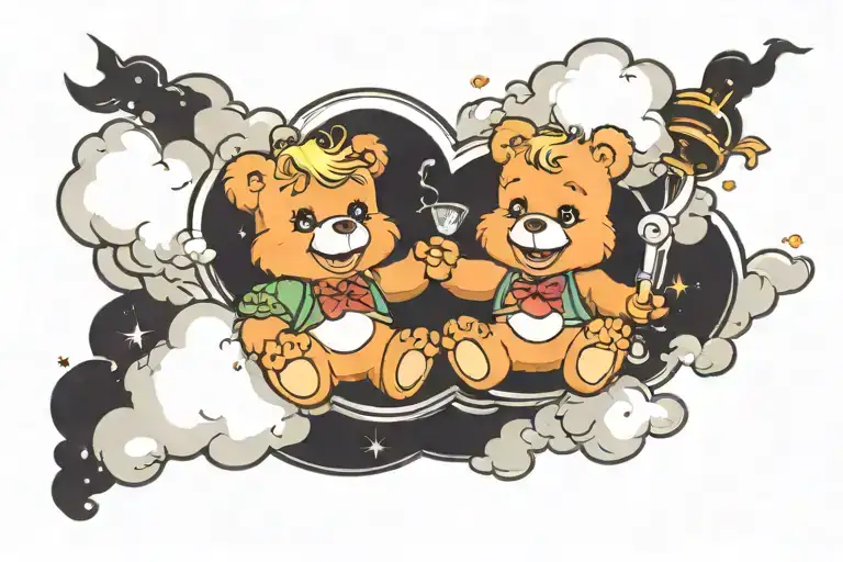 2 care bears getting high on a cloud transforming tattoo design idea