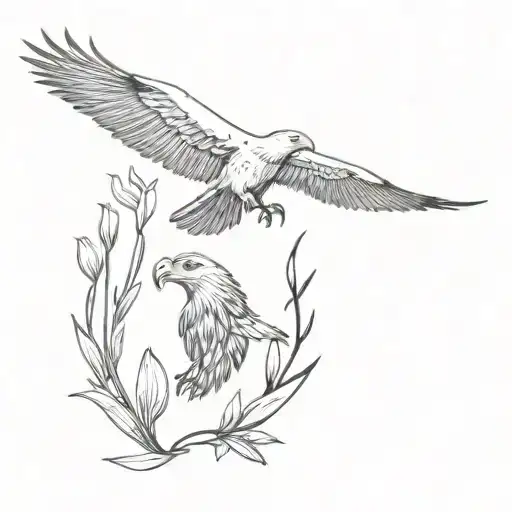 Lily, eagle, spear and bear connected. In black, No colours. As a simple tattoo, small and discreet. Connect all ingredi tattoo design idea