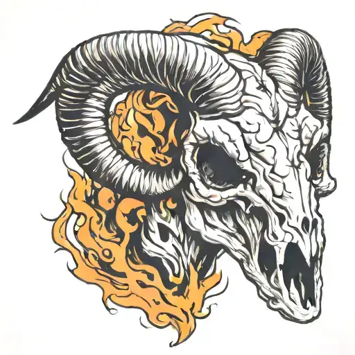 ram skull with big horns on fire coming tattoo design idea