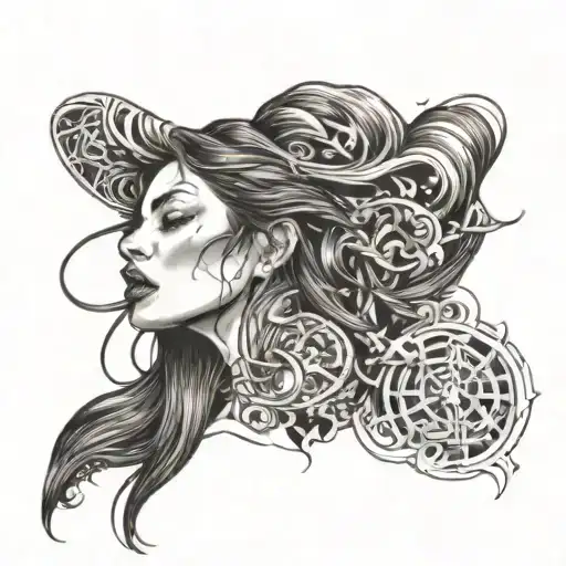 white woman, long straight wet brown hair, tongue out, closed eyes tattoo design idea