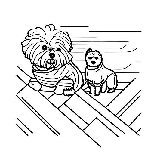 A small bichon dog sits with a boy on a pier and they look at the sunset in front of the sea tattoo design idea