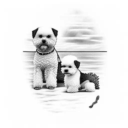 A small bichon dog sits with a boy on a pier and they look at the sunset in front of the sea tattoo design idea