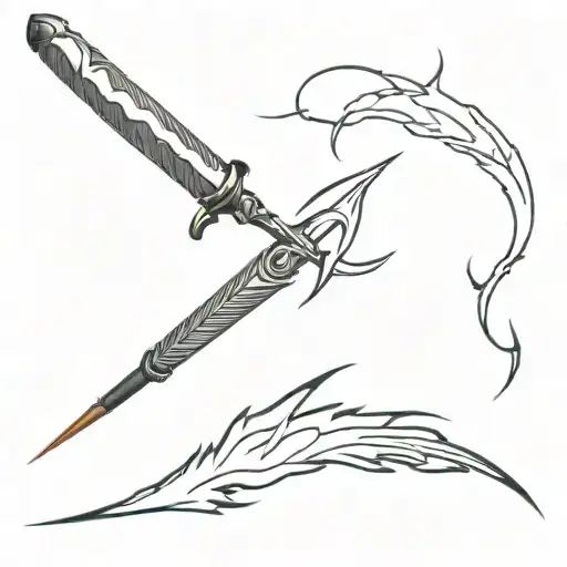 A script writing quill pen with thunder and lightning accents tattoo design idea
