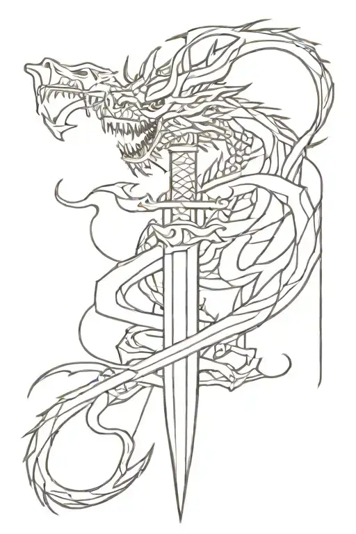 sword with dragon and oni mask surrounded tattoo design idea