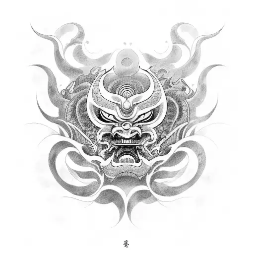 Design a large back tattoo showcasing an oni mask surrounded by swirling waves and traditional Japanese clouds tattoo design idea