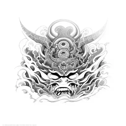 Design a large back tattoo showcasing an oni mask surrounded by swirling waves and traditional Japanese clouds tattoo design idea