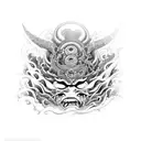 Design a large back tattoo showcasing an oni mask surrounded by swirling waves and traditional Japanese clouds tattoo design idea