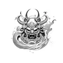 Design a large back tattoo showcasing an oni mask surrounded by swirling waves and traditional Japanese clouds tattoo design idea