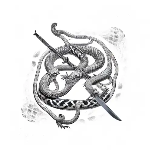 Downward sword with 2 snakes slithering up to handle then hissing at each other with a heart in between them tattoo design idea