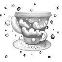 A coffee mug with a swirling cloud inside, raining drops of coffee beans tattoo design idea