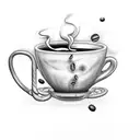 A coffee mug with a swirling cloud inside, raining drops of coffee beans tattoo design idea