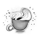 A coffee mug with a swirling cloud inside, raining drops of coffee beans tattoo design idea