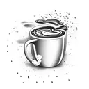 A coffee mug with a swirling cloud inside, raining drops of coffee beans tattoo design idea