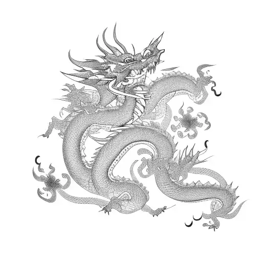 cute japaneese dragon with flowers  tattoo design idea