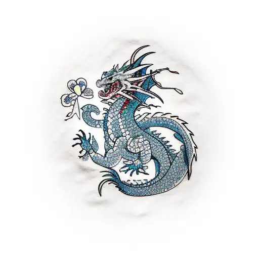 cute japaneese dragon with flowers  tattoo design idea