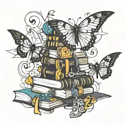 book stack fire key buttons nightingale kite tattoo design idea
