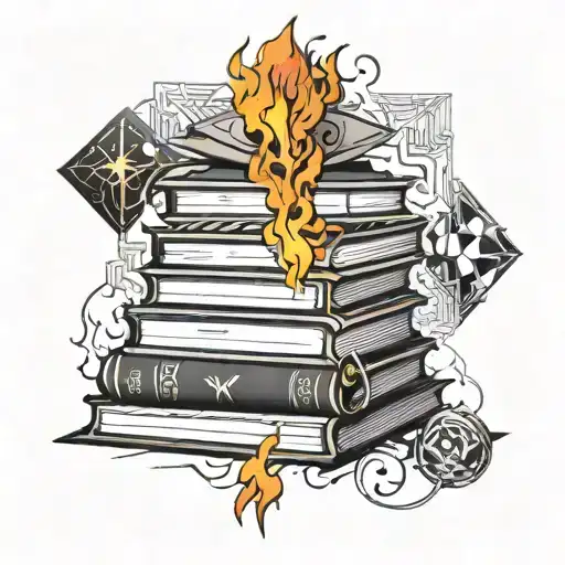 book stack on fire key buttons nightingale kite tattoo design idea