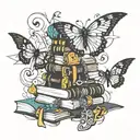 book stack fire key buttons nightingale kite tattoo design idea