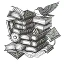 book stack fire key buttons nightingale kite tattoo design idea