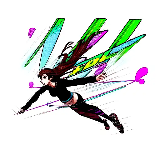 athletic woman flying in a cyberpunk world tattoo design idea