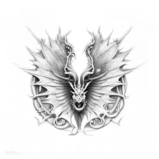 baroque monument with dragon raising its wings tattoo design idea