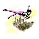 athletic woman flying in a cyberpunk world tattoo design idea