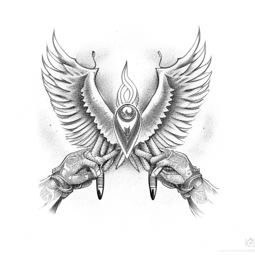 Microphone with wings, lyrics and horns tattoo design idea