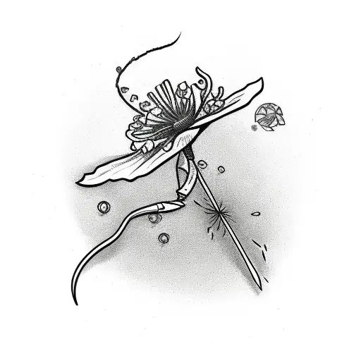 A sketch-style illustration of a knife with Japanese red spider lily petals falling around it tattoo design idea