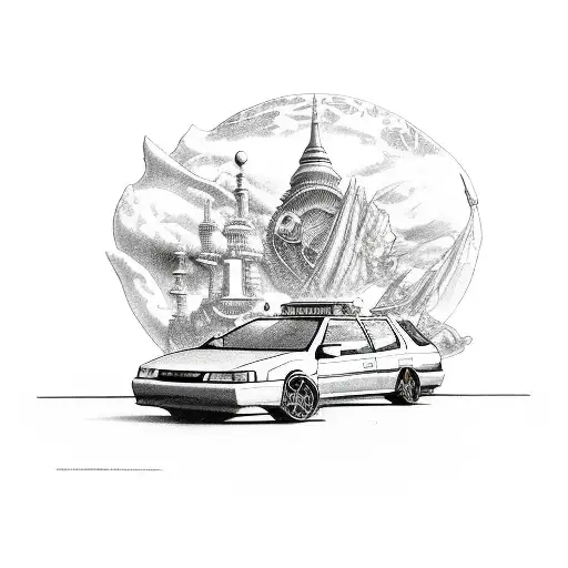 A detailed illustration of a 1993 Nissan Pulsar N14 hatchback surrounded by travel landmarks tattoo design idea