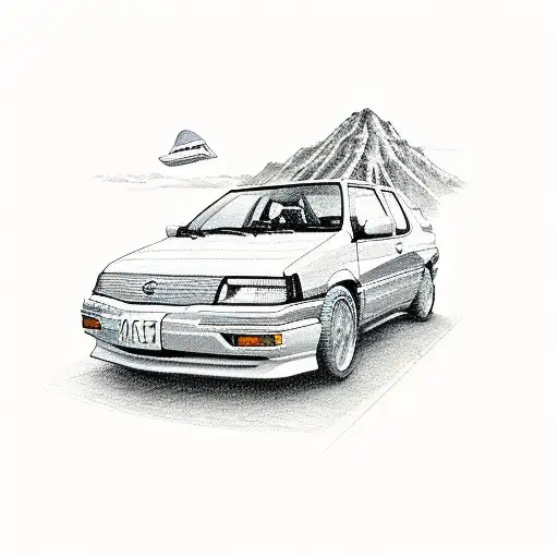 A detailed illustration of a 1993 Nissan Pulsar N14 hatchback surrounded by travel landmarks tattoo design idea