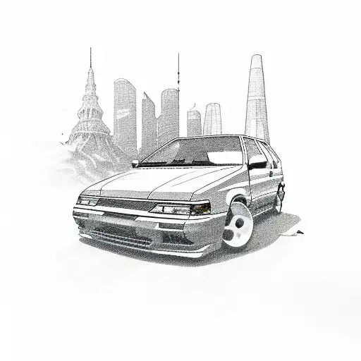 A detailed illustration of a 1993 Nissan Pulsar N14 hatchback surrounded by travel landmarks tattoo design idea